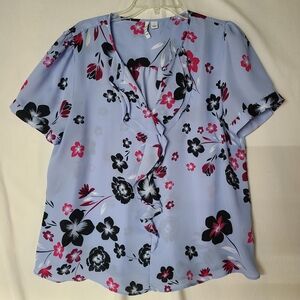 NWOT Elle Large Short Sleeve Slightly Sheer Ruffled V Neck Top